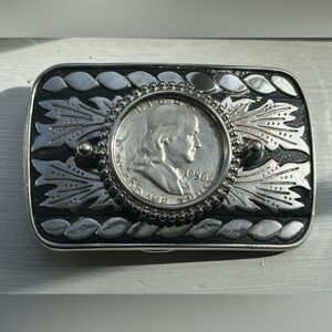 Silver Gold Color 1958 Franklin Silver Half Dollar Rectangle Frame Belt Buckle